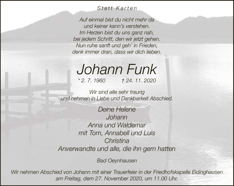  Traueranzeige für Johann Funk vom 25.11.2020 aus Neue Westfälische