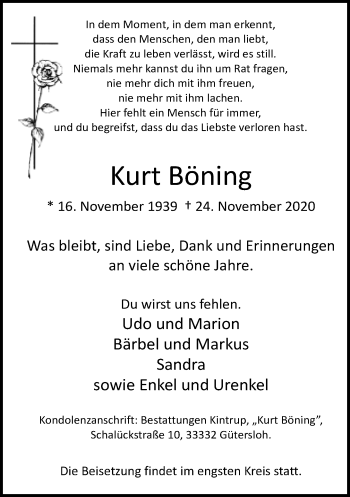 Traueranzeige von Kurt Böning von Neue Westfälische