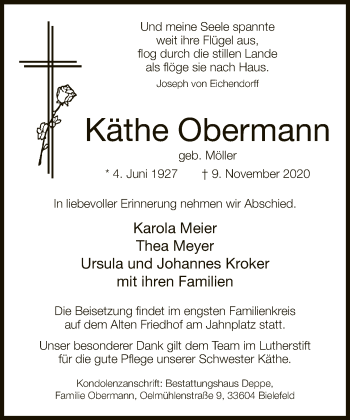 Traueranzeige von Käthe Obermann von Neue Westfälische