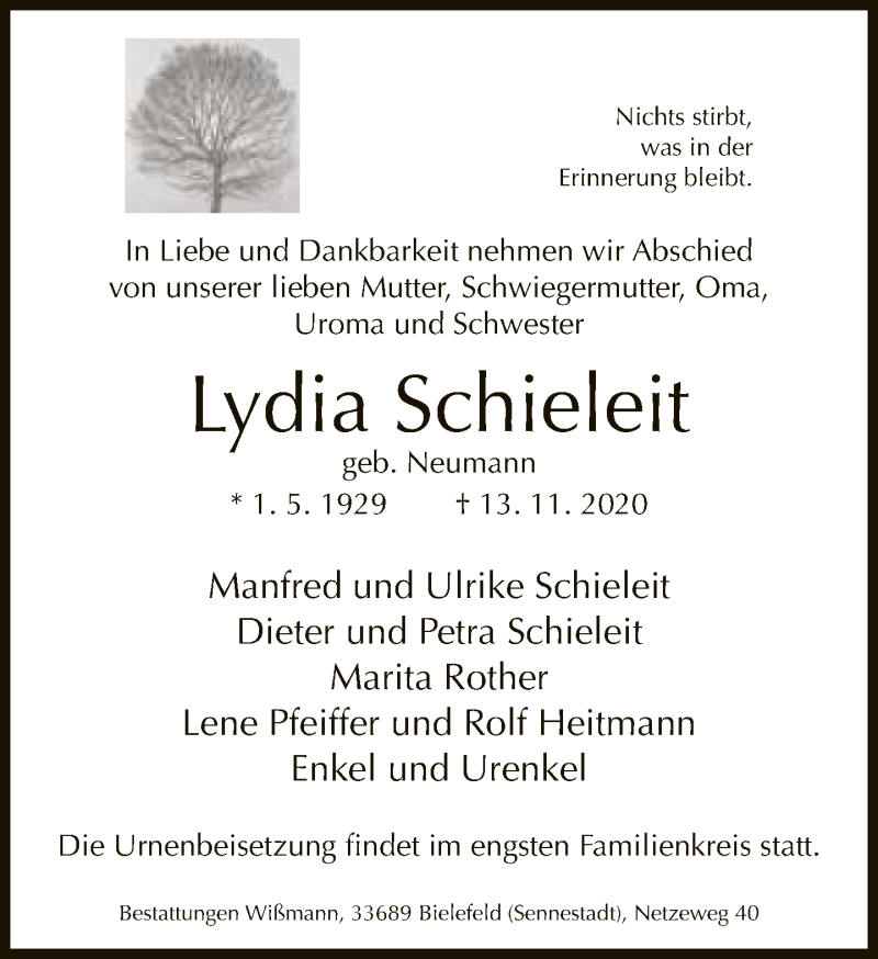  Traueranzeige für Lydia Schieleit vom 21.11.2020 aus Neue Westfälische