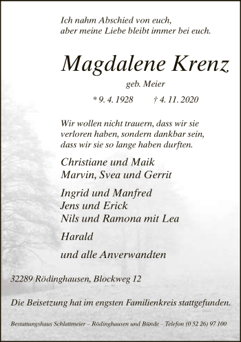 Traueranzeige von Magdalene Krenz von Neue Westfälische