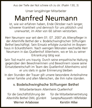 Traueranzeige von Manfred Neumann von Neue Westfälische