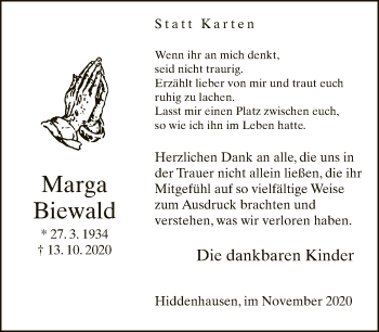 Traueranzeige von Marga Biewald von Neue Westfälische