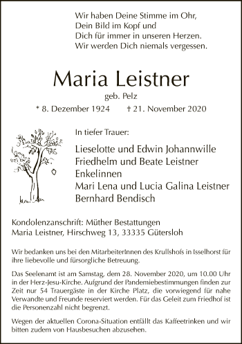 Traueranzeige von Maria Leistner von Neue Westfälische