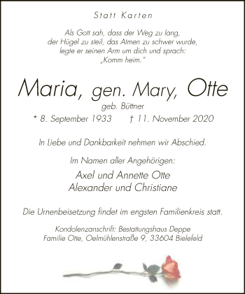 Traueranzeige von Maria Otte von Neue Westfälische