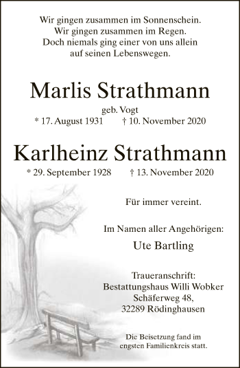 Traueranzeige von Marlis und Karlheinz Strathmann von Neue Westfälische