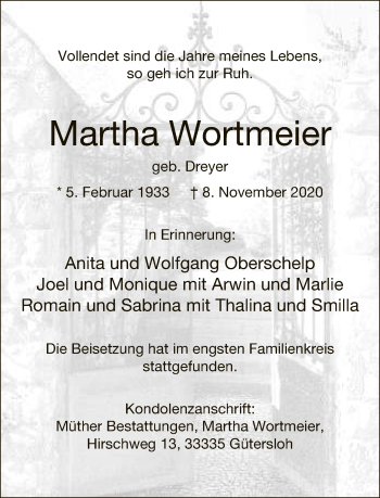 Traueranzeige von Martha Wortmeier von Neue Westfälische