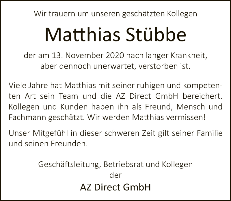  Traueranzeige für Matthias Stübbe vom 21.11.2020 aus Neue Westfälische