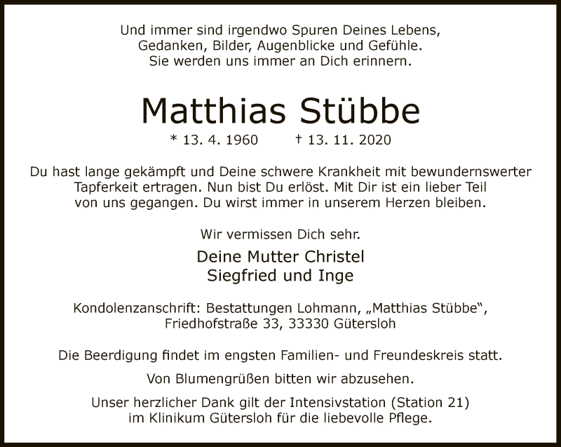  Traueranzeige für Matthias Stübbe vom 21.11.2020 aus Neue Westfälische