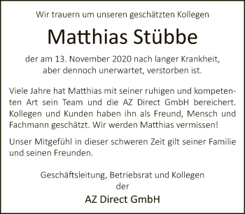 Traueranzeige von Matthias Stübbe von Neue Westfälische