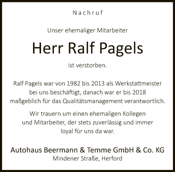 Traueranzeige von Ralf Pagels von Neue Westfälische