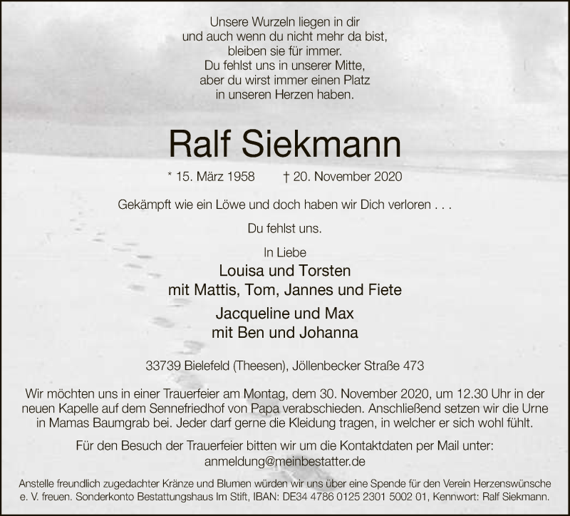  Traueranzeige für Ralf Siekmann vom 28.11.2020 aus Neue Westfälische
