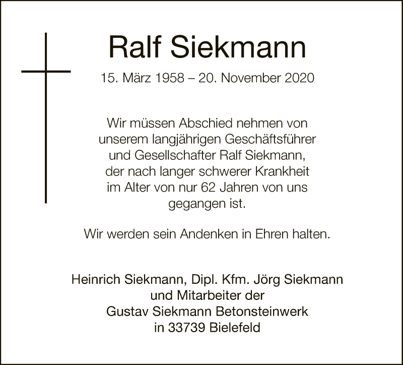  Traueranzeige für Ralf Siekmann vom 28.11.2020 aus Neue Westfälische