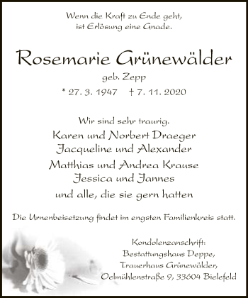 Traueranzeige von Rosemarie Grünewälder von Neue Westfälische
