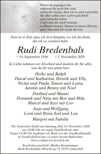 Traueranzeige von Rudi Bredenbals von Neue Westfälische