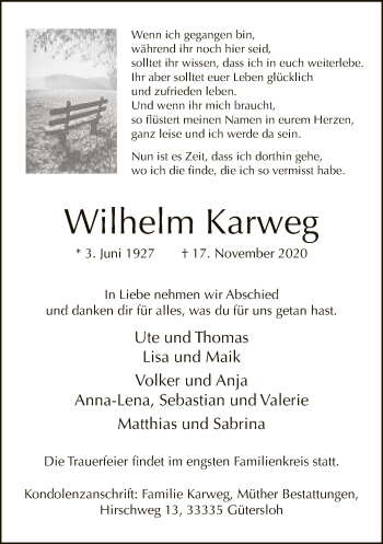 Traueranzeige von Wilhelm Karweg von Neue Westfälische