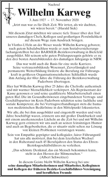 Traueranzeige von Wilhelm Karweg von Neue Westfälische