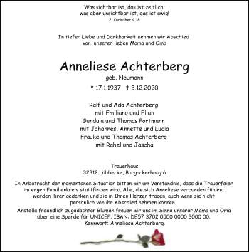 Traueranzeige von Anneliese Achterberg von Neue Westfälische