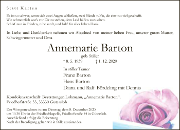Traueranzeige von Annemarie Barton von Neue Westfälische