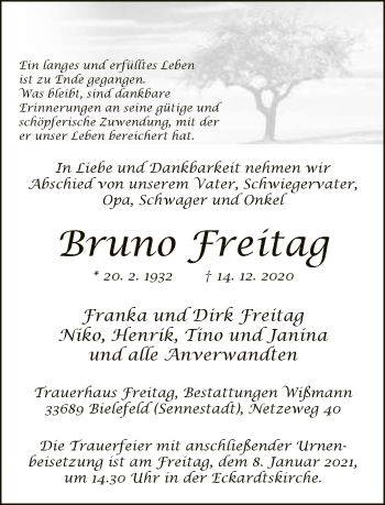 Traueranzeige von Bruno Freitag von Neue Westfälische