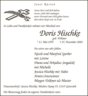 Traueranzeige von Doris Hischke von Neue Westfälische