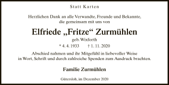 Traueranzeige von Elfriede Zurmühlen von Neue Westfälische