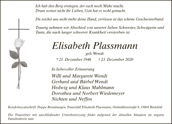 Traueranzeige von Elisabeth Plassmann von Neue Westfälische