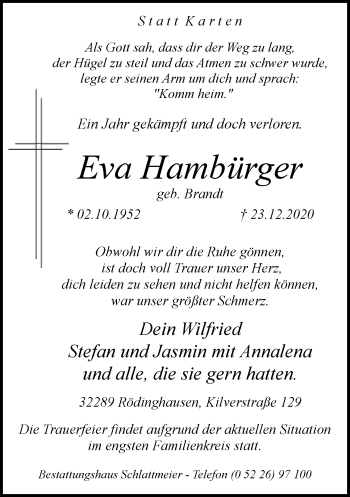 Traueranzeige von Eva Hambürger von Neue Westfälische