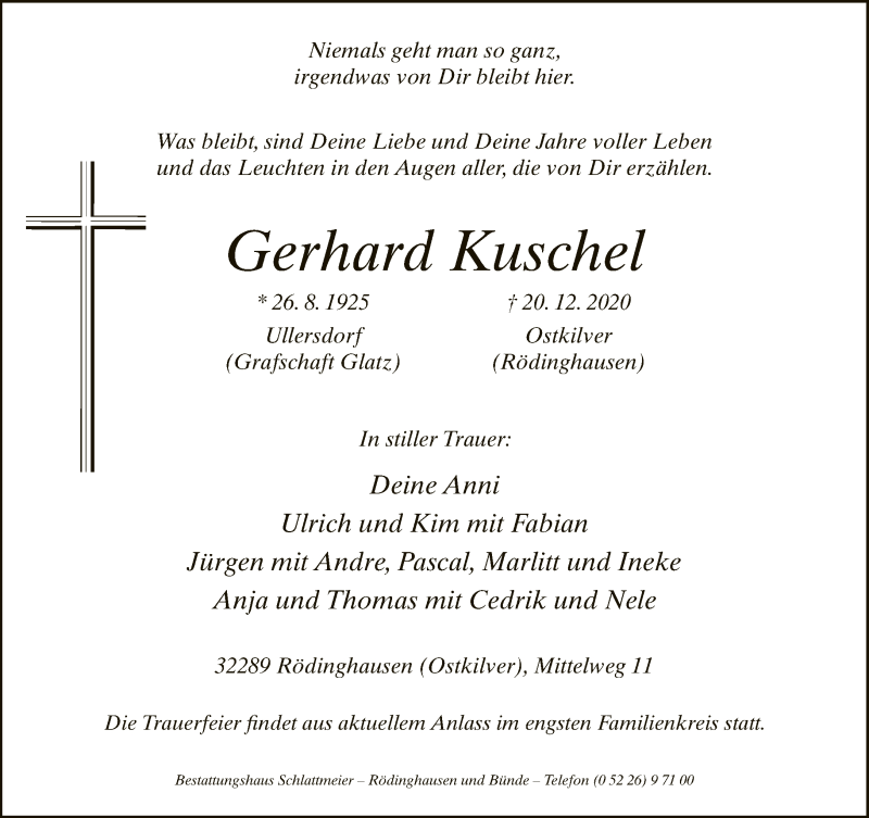  Traueranzeige für Gerhard Kuschel vom 23.12.2020 aus Neue Westfälische