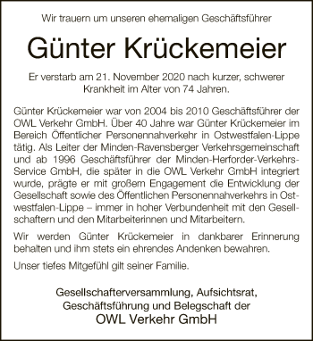 Traueranzeige von Günter Krückemeier von Neue Westfälische