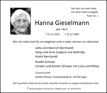 Traueranzeige von Hanna Gieselmann von Neue Westfälische