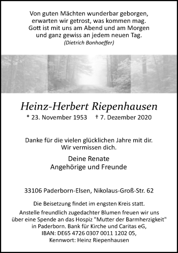 Traueranzeige von Heinz-Herbert Riepenhausen von Neue Westfälische