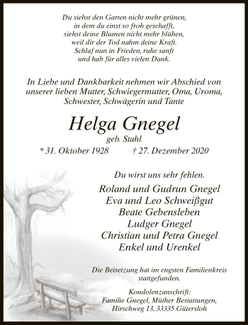 Traueranzeige von Helga Gnegel von Neue Westfälische