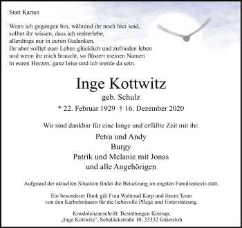 Traueranzeige von Inge Kottwitz von Neue Westfälische