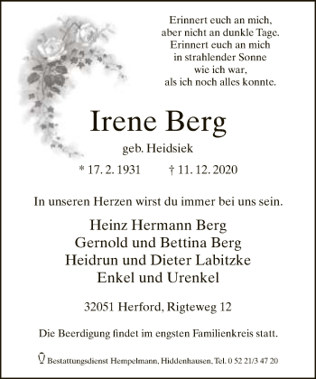 Traueranzeige von Irene Berg von Neue Westfälische