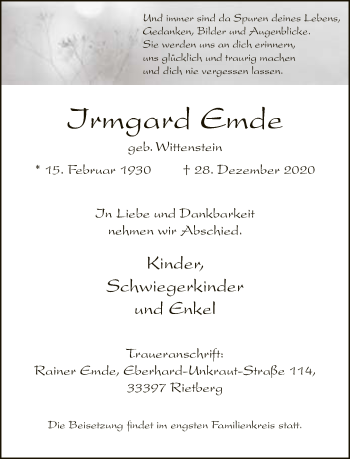 Traueranzeige von Irmgard Emde von Neue Westfälische