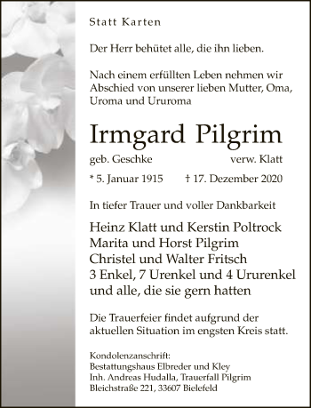 Traueranzeige von Irmgard Pilgrim von Neue Westfälische