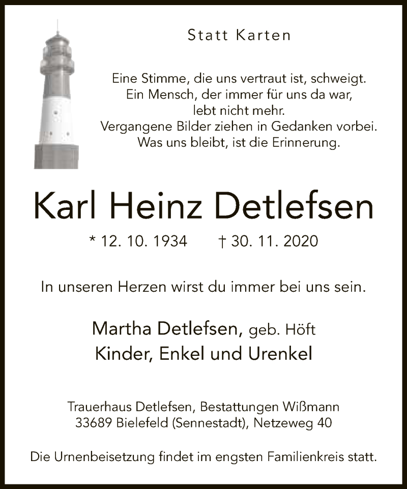  Traueranzeige für Karl Heinz Detlefsen vom 05.12.2020 aus Neue Westfälische