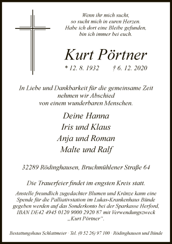 Traueranzeige von Kurt Pörtner von Neue Westfälische