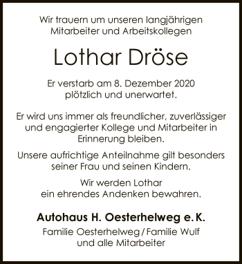 Traueranzeige von Lothar Dröse von Neue Westfälische