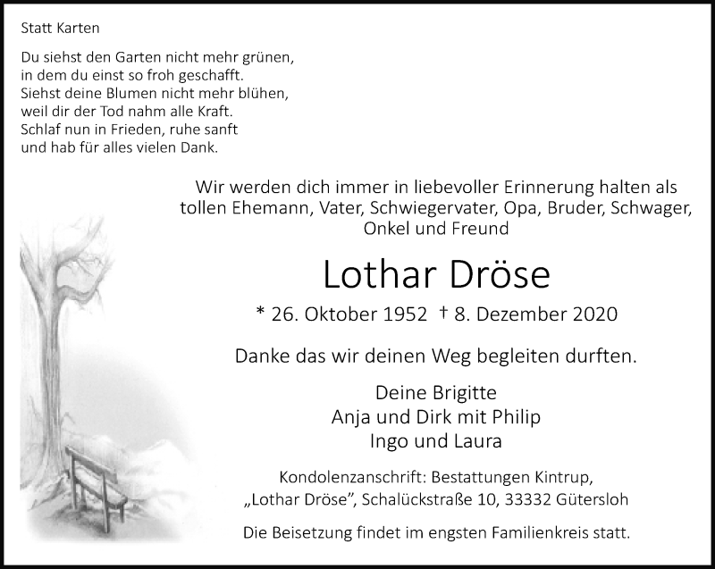  Traueranzeige für Lothar Dröse vom 12.12.2020 aus Neue Westfälische