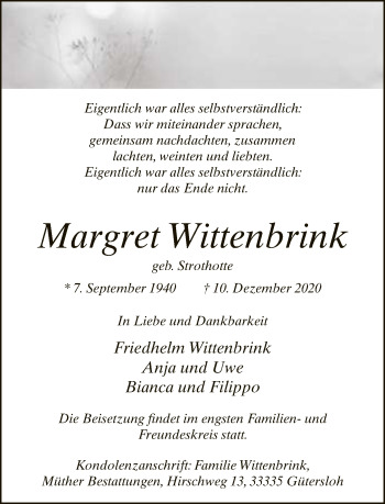 Traueranzeige von Margret Wittenbrink von Neue Westfälische
