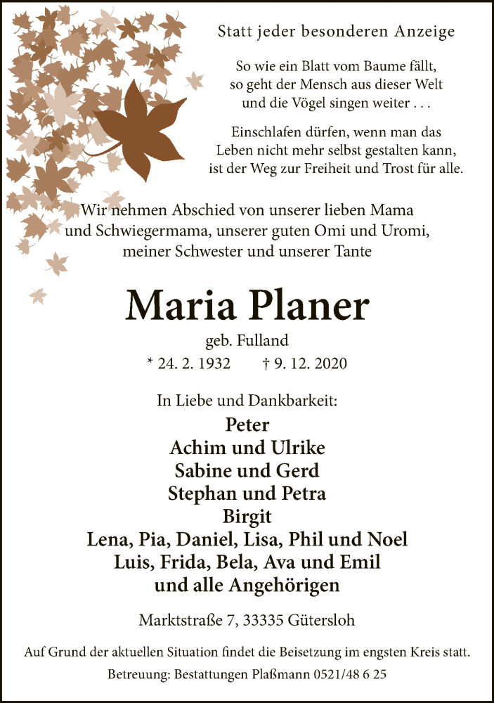  Traueranzeige für Maria Planer vom 12.12.2020 aus Neue Westfälische