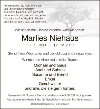 Traueranzeige von Marlies Niehaus von Neue Westfälische