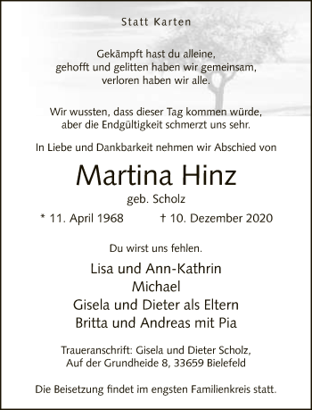 Traueranzeige von Martina Hinz von Neue Westfälische