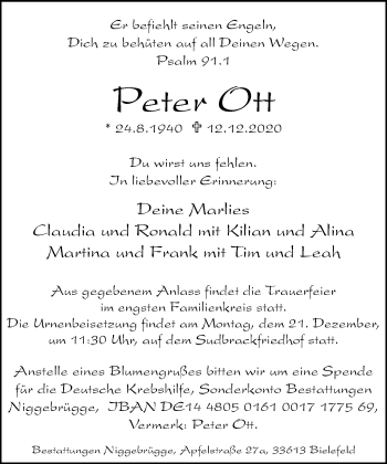 Traueranzeige von Peter Ott von Neue Westfälische