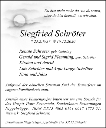 Traueranzeige von Siegfried Schröter von Neue Westfälische