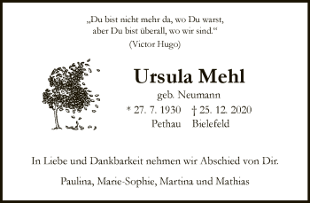 Traueranzeige von Ursula Mehl von Neue Westfälische