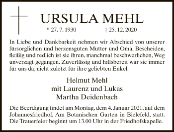 Traueranzeige von Ursula Mehl von Neue Westfälische