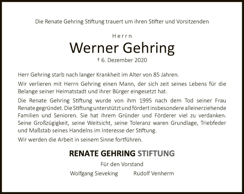  Traueranzeige für Werner Gehring vom 11.12.2020 aus Neue Westfälische